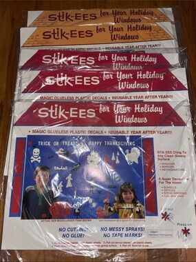Vintage Stik-ees Holiday Window Decals Clings Lot of 5 Halloween Thanksgiving
